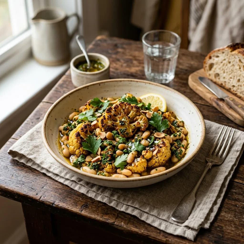 Recipe cover: Moroccan Charmoula Roasted Cauliflower And White Beans