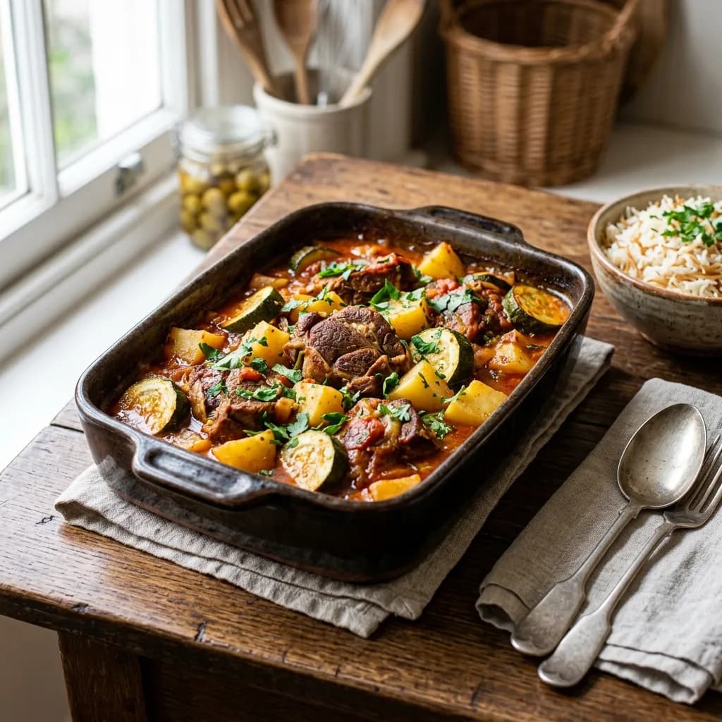 Recipe cover: Egyptian Torly Lamb Casserole With Zucchini And Potatoes