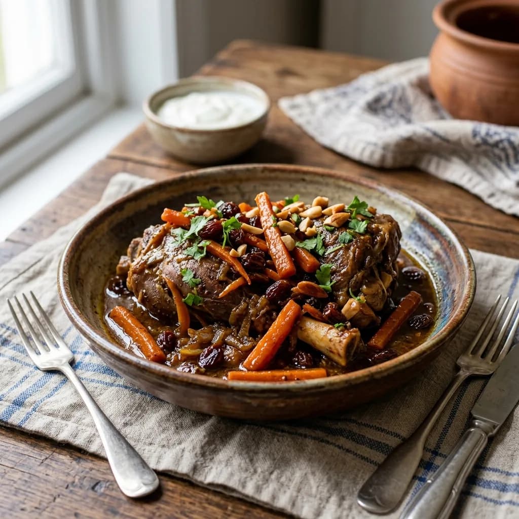 Recipe cover: Afghan Braised Lamb Thighs With Caramelized Carrots And Raisins