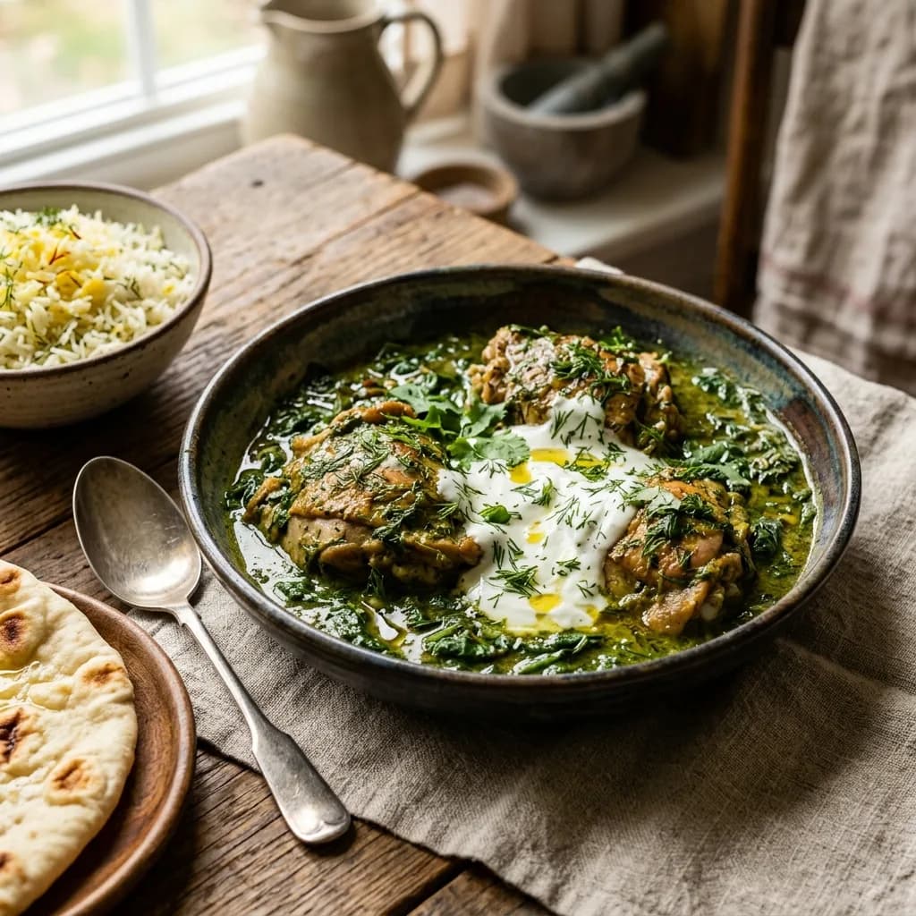 Recipe cover: Afghan Garlic Dill And Spinach Braised Chicken
