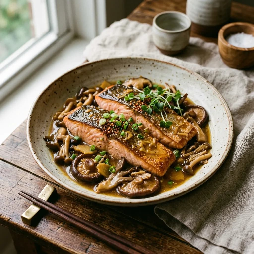 Recipe cover: Butter Dashi Braised Salmon And Wild Mushrooms