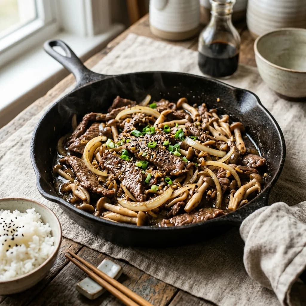 Recipe cover: Wafu Pepper Steak Skillet With Shimeji Mushrooms