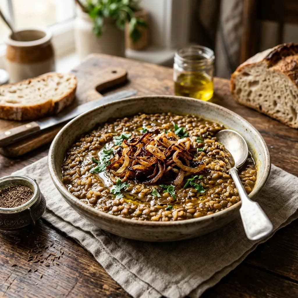 Recipe cover: Palestinian Caraway Spiced Lentil And Brown Rice Stew With Crispy Shallots
