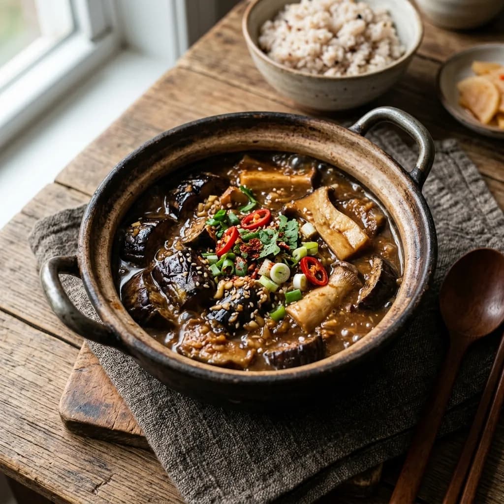 Recipe cover: Doenjang Braised Eggplant And Mushroom Claypot