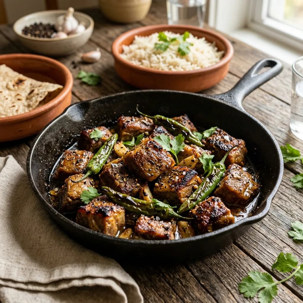 Recipe cover: Balochi Salted Lamb Skillet With Green Chili And Black Pepper