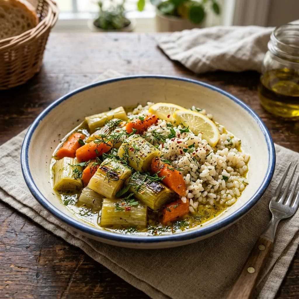 Recipe cover: Turkish Olive Oil Braised Leeks With Carrots And Rice
