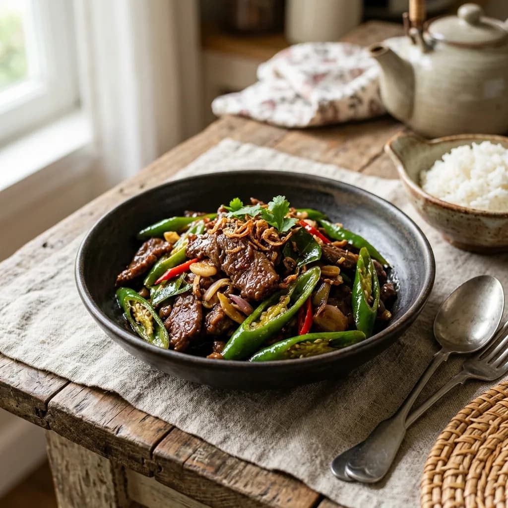 Recipe cover: Oseng-Oseng Daging Cabe Hijau (Savory Green Chili Beef Stir-Fry)
