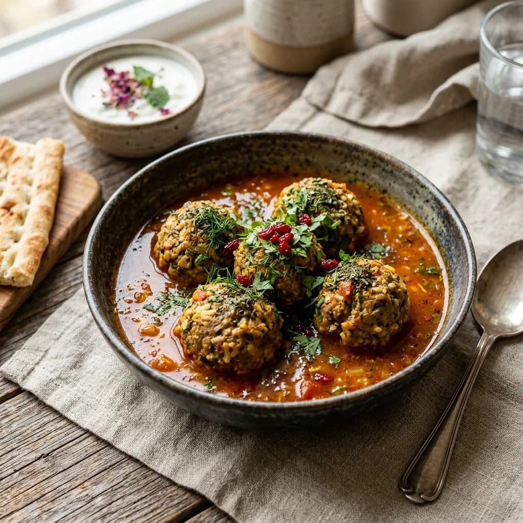 Recipe cover: Iranian Herb And Rice Meatballs In Saffron Tomato Broth