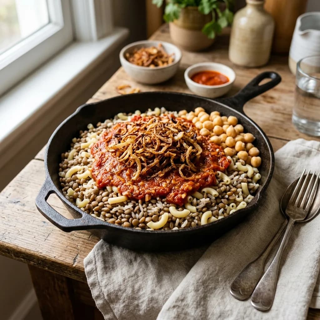 Recipe cover: Egyptian Koshari Skillet With Garlic Tomato Sauce And Crispy Onions