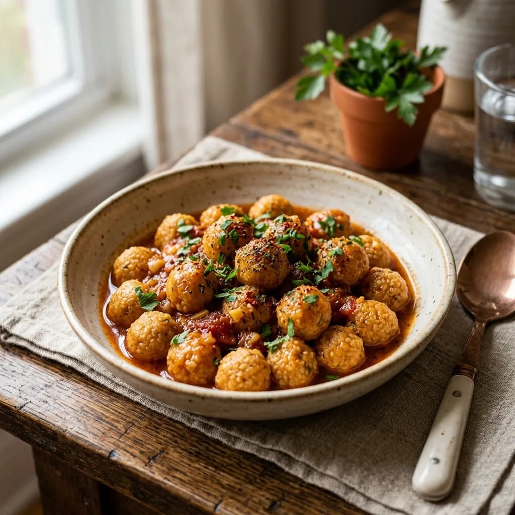 Recipe cover: Turkish Bulgur Dumplings In Garlic Tomato Pepper Sauce