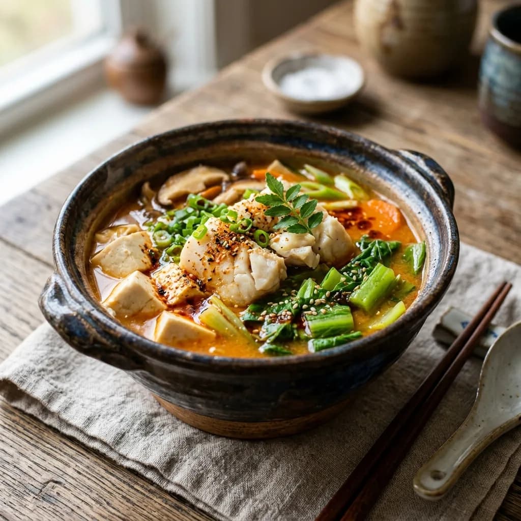 Recipe cover: Spicy Miso Halibut Soup With Mustard Greens