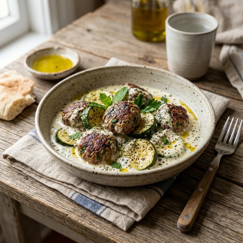 Recipe cover: Palestinian Minted Garlic Yogurt Braised Meatballs With Zucchini