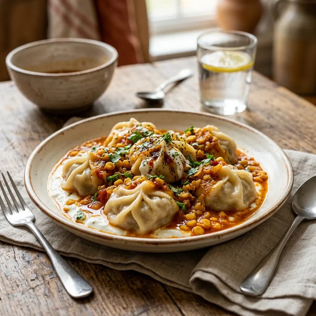 Recipe cover: Afghan Steamed Beef Dumplings With Yellow Split Pea Sauce