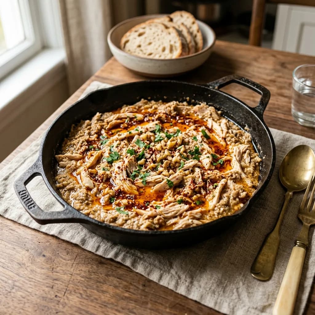 Recipe cover: Turkish Garlic Walnut And Shredded Chicken Skillet