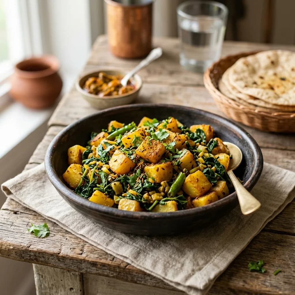 Recipe cover: Punjabi Aloo Methi (Crispy Potatoes With Fresh Fenugreek)