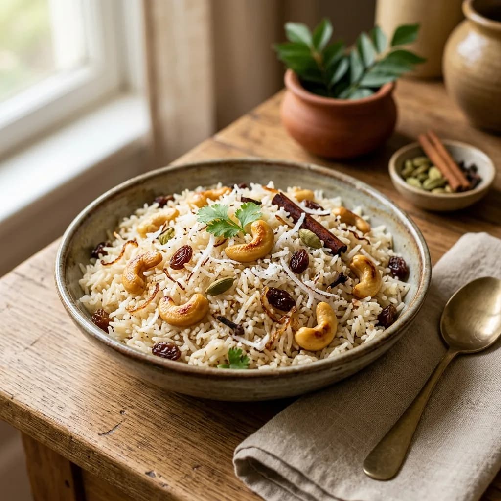 Recipe cover: Bengali Spiced Coconut Rice With Raisins And Cashews