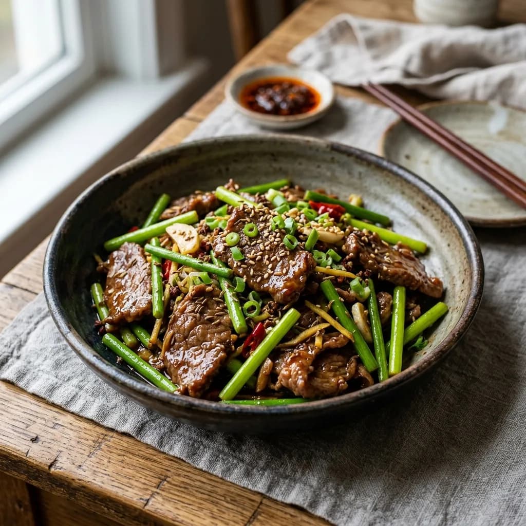 Recipe cover: Sichuan Beef Stir-Fry With Garlic Sprouts And Cumin