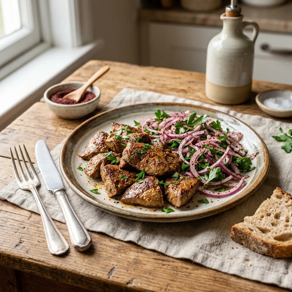 Recipe cover: Turkish Pan-Seared Beef Liver With Sumac Onion Salad