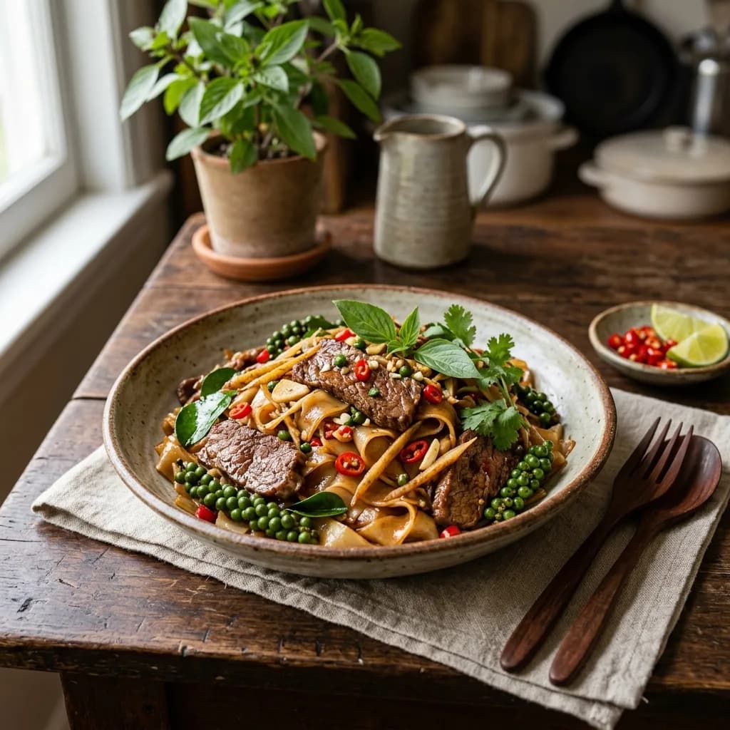 Recipe cover: Thai Kra Chai Beef And Green Peppercorn Noodle Toss