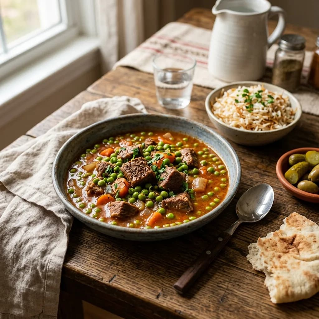 Recipe cover: Palestinian Caraway Braised Beef And Green Pea Stew