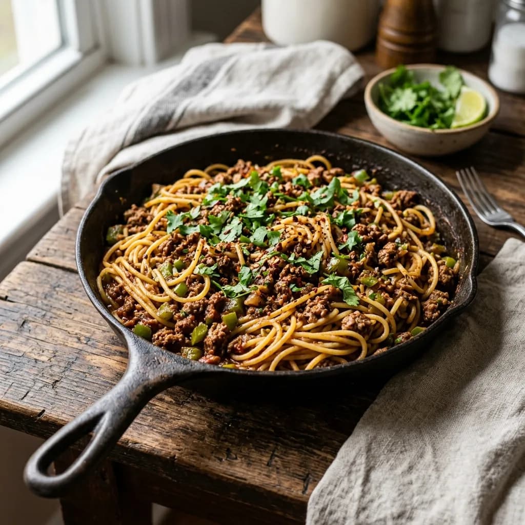 Recipe cover: Somali Cardamom Minced Beef Baasto Skillet