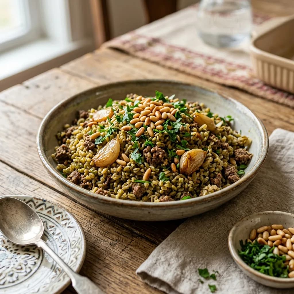 Recipe cover: Palestinian Braised Beef And Freekeh Pilaf With Caramelized Garlic