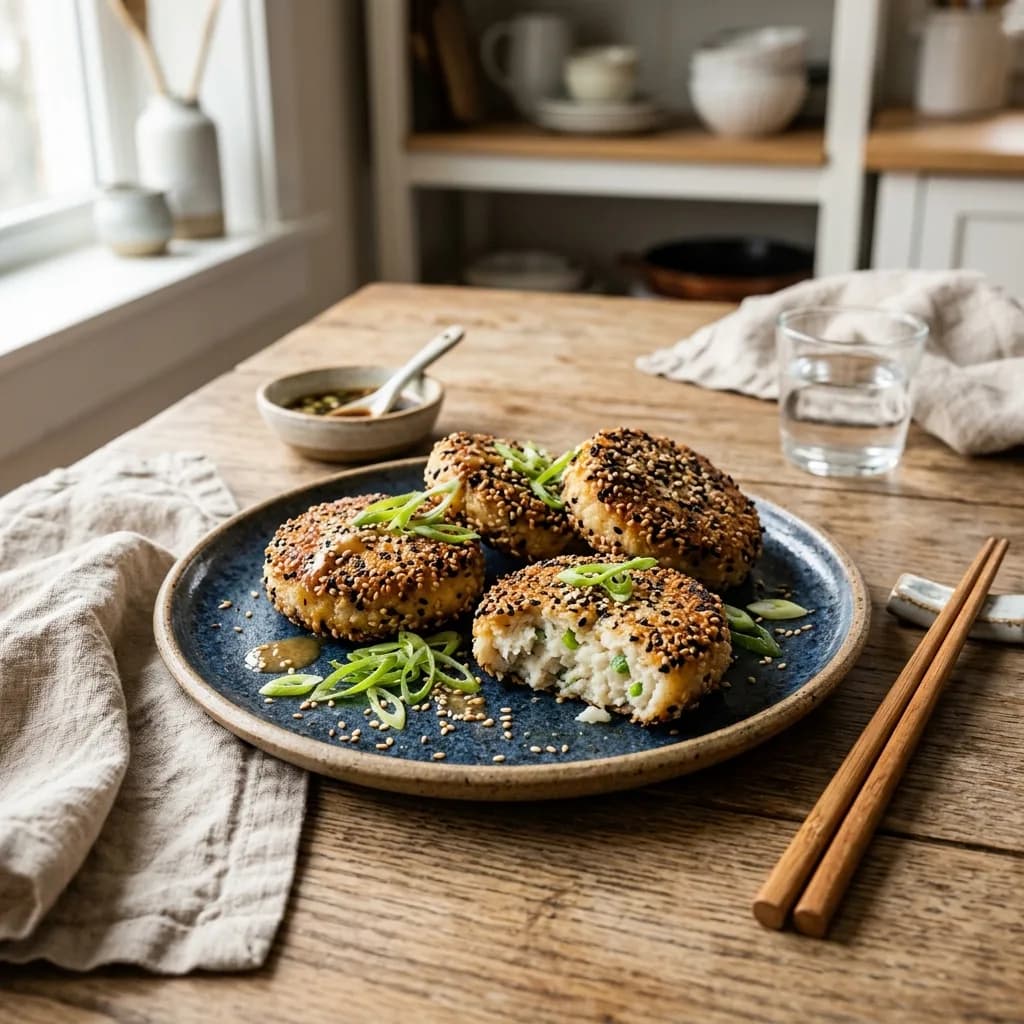 Recipe cover: Pan-Seared White Miso Fish Cakes With Sesame Crust