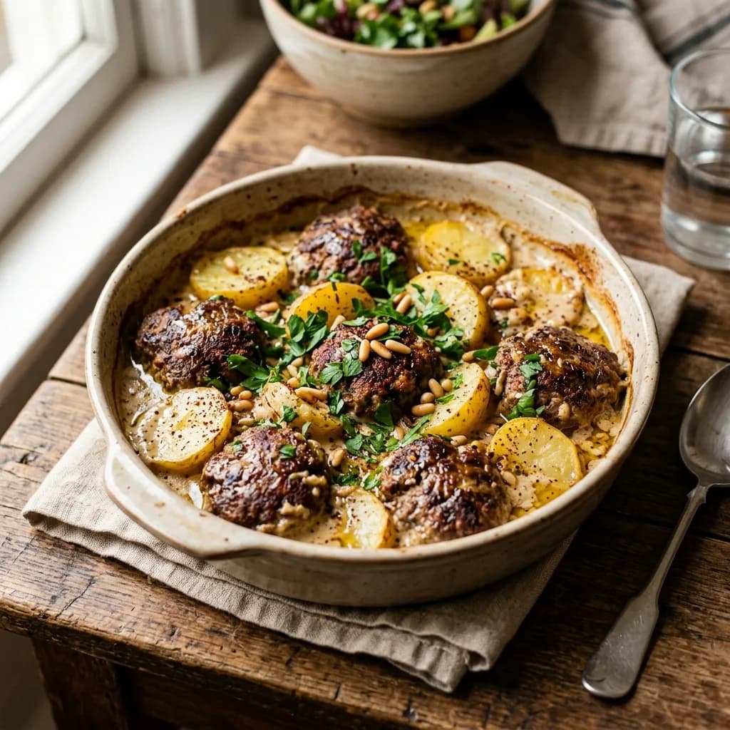 Recipe cover: Palestinian Tahini Roasted Beef Kofta With Gold Potatoes