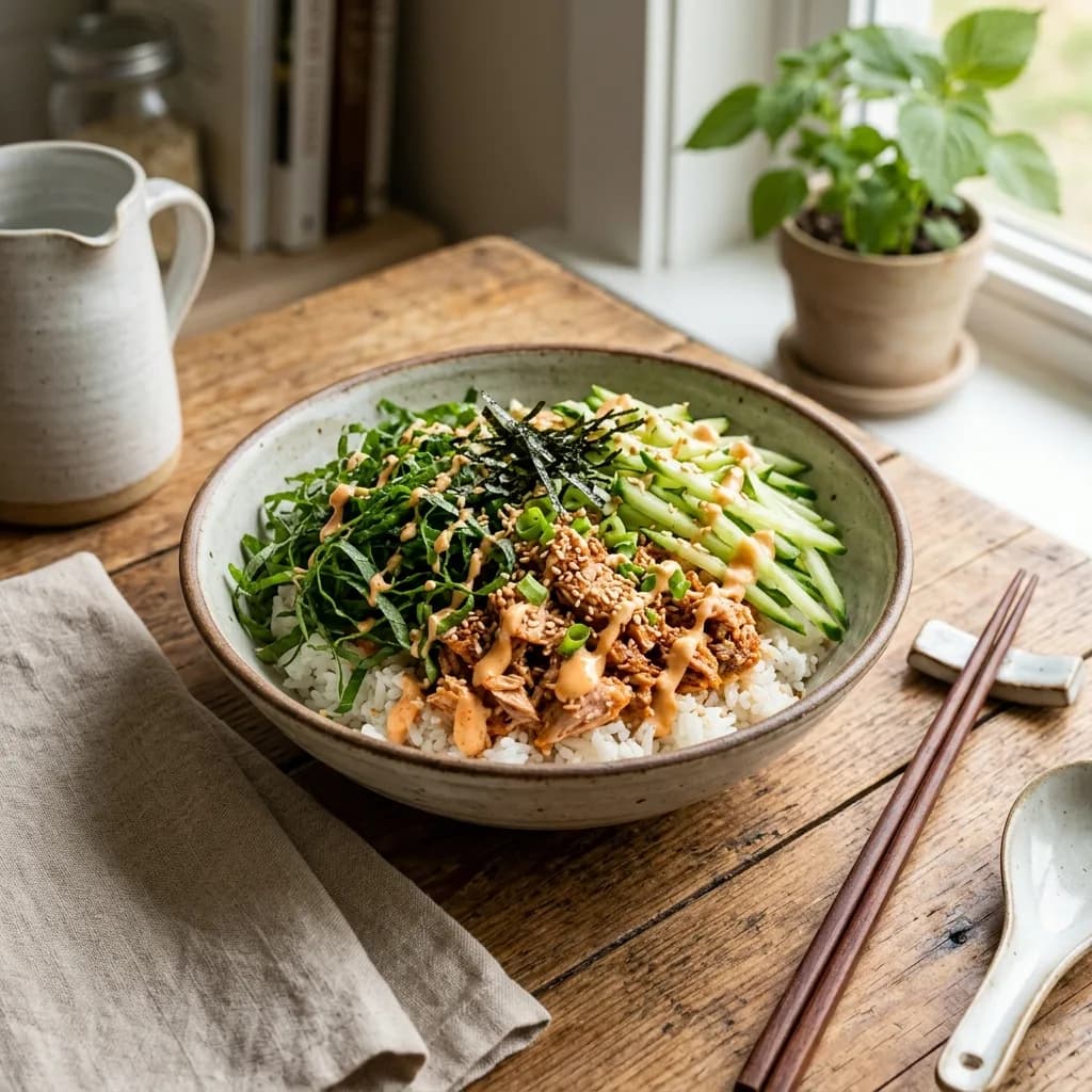 Recipe cover: Spicy Perilla Leaf And Tuna Rice Bowls