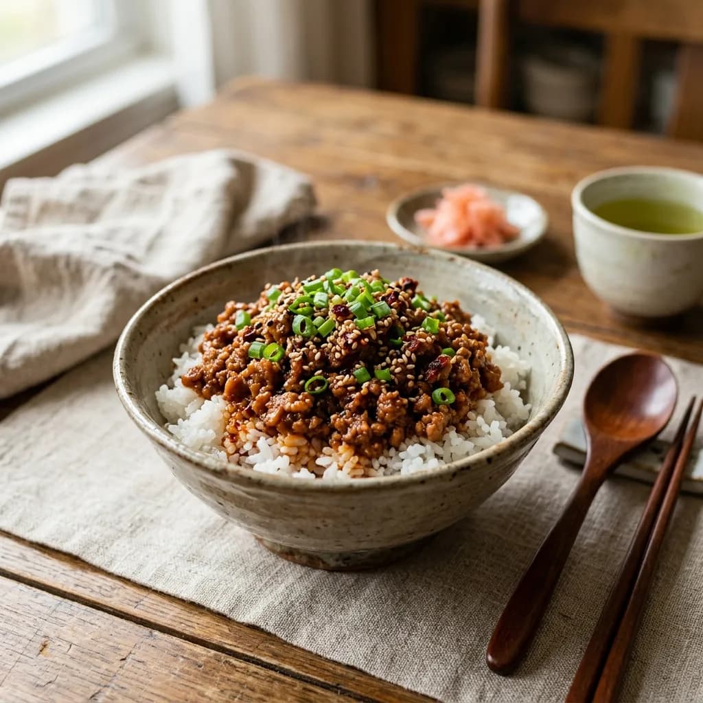 Recipe cover: Spicy Sesame Miso Ground Chicken Rice Bowl