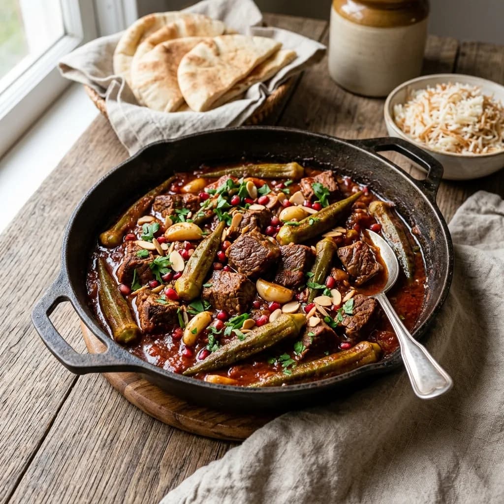 Recipe cover: Lebanese Pomegranate Braised Okra And Beef Skillet