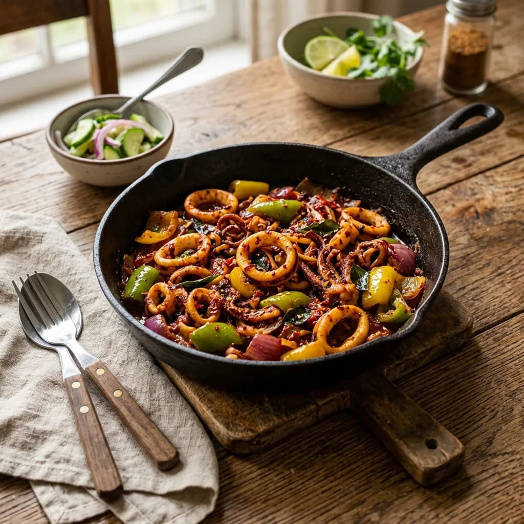 Recipe cover: Sri Lankan Devilled Spicy Squid Skillet