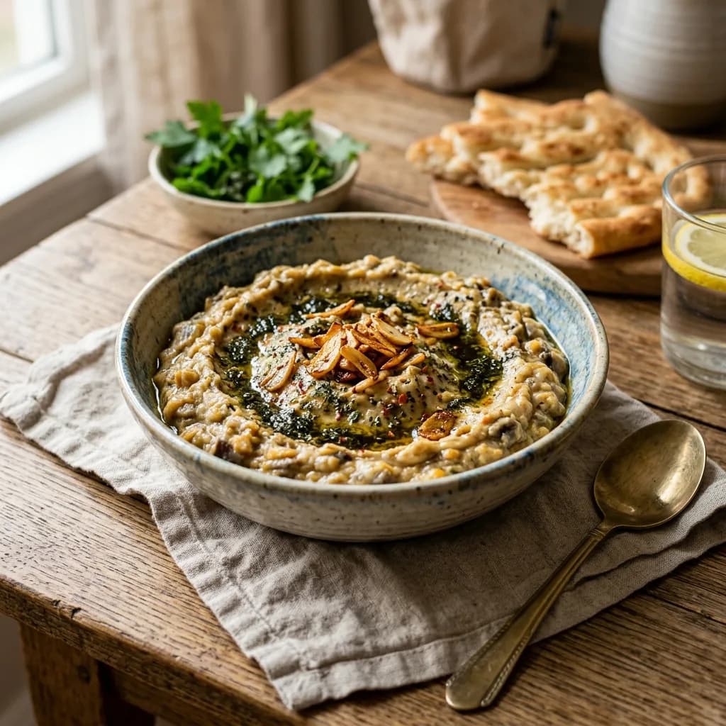 Recipe cover: Iranian Garlic Eggplant And Yellow Lentil Dip