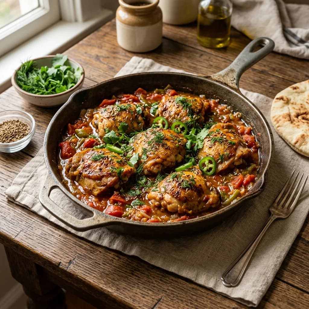 Recipe cover: Gazan Green Chile Chicken Skillet With Dill Seed And Tomatoes