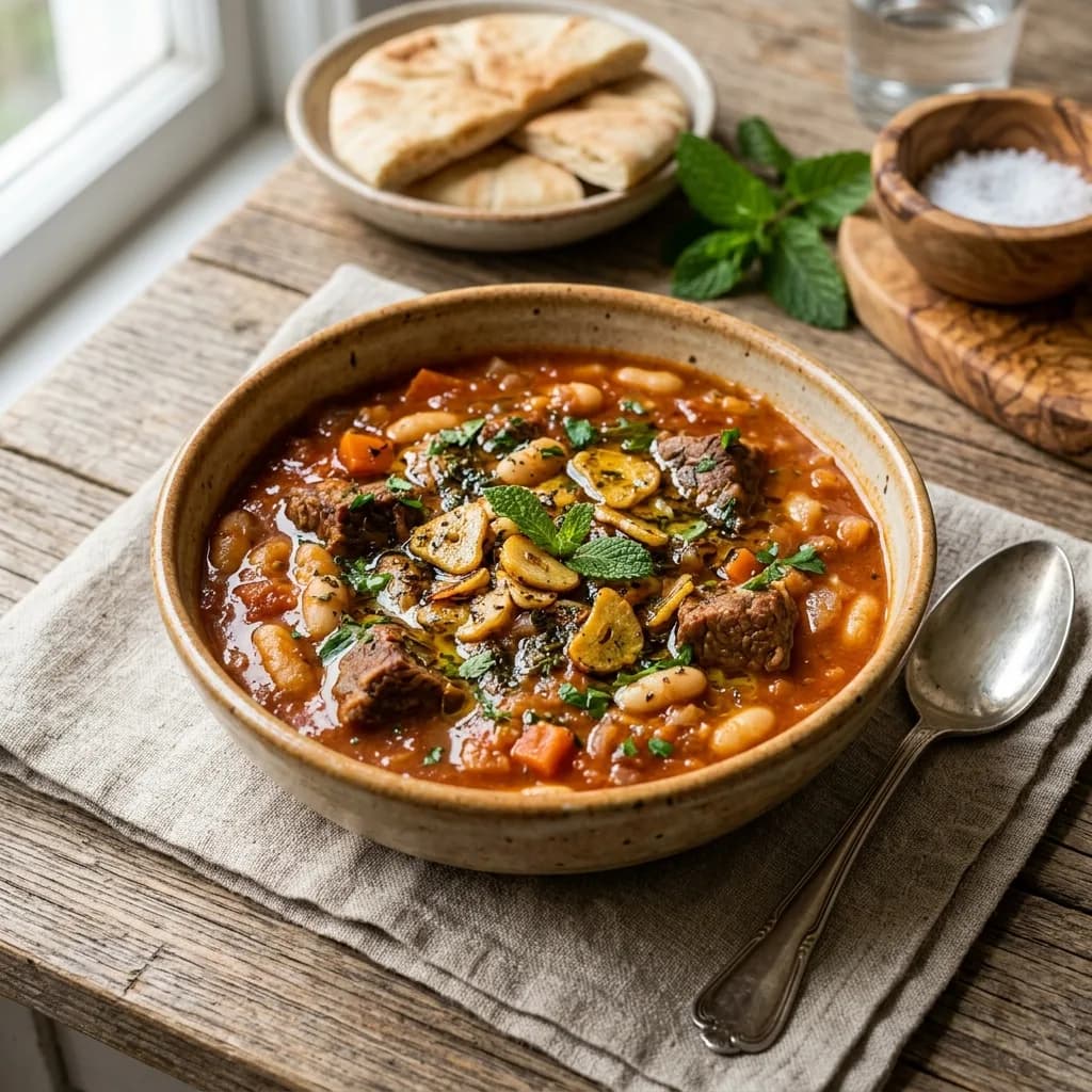 Recipe cover: Lebanese White Bean And Beef Stew With Garlic Mint Tarka
