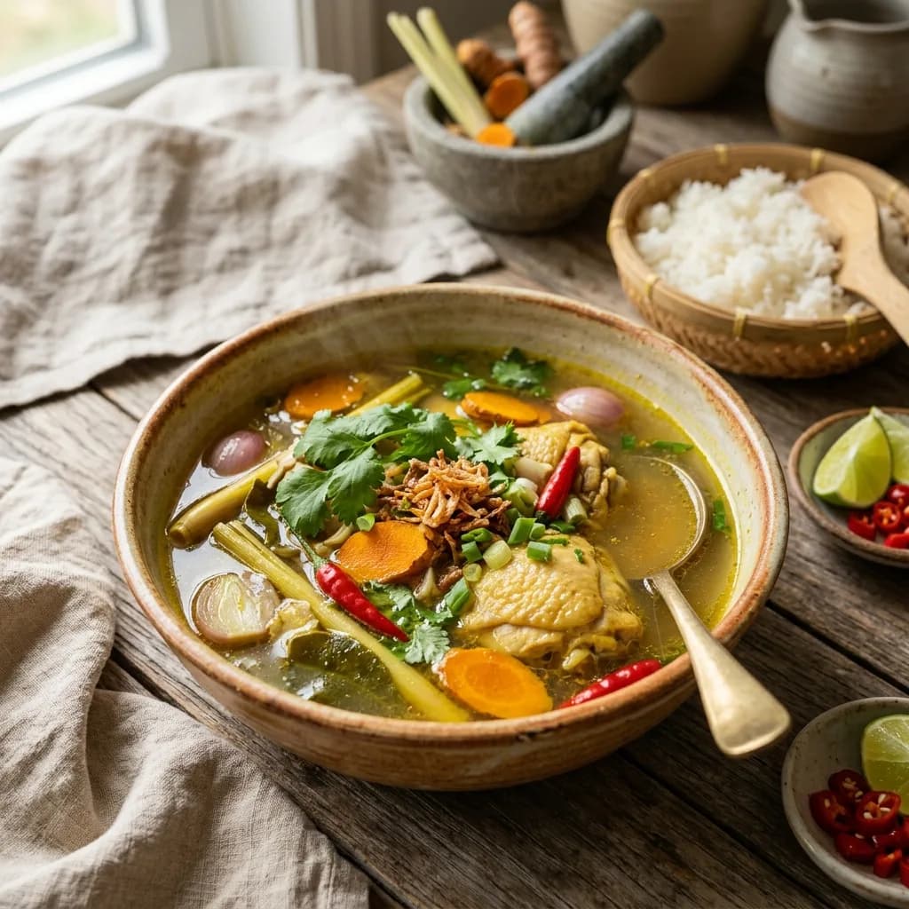 Recipe cover: Southern Thai Turmeric Garlic Chicken Soup (Tom Kamin Gai)