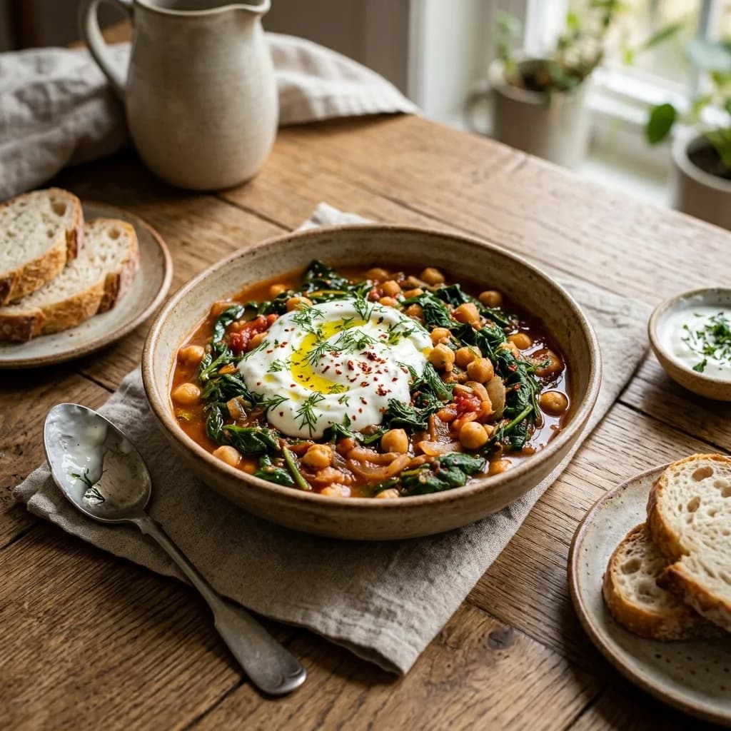 Recipe cover: Turkish Tomato And Garlic Braised Spinach With Chickpeas