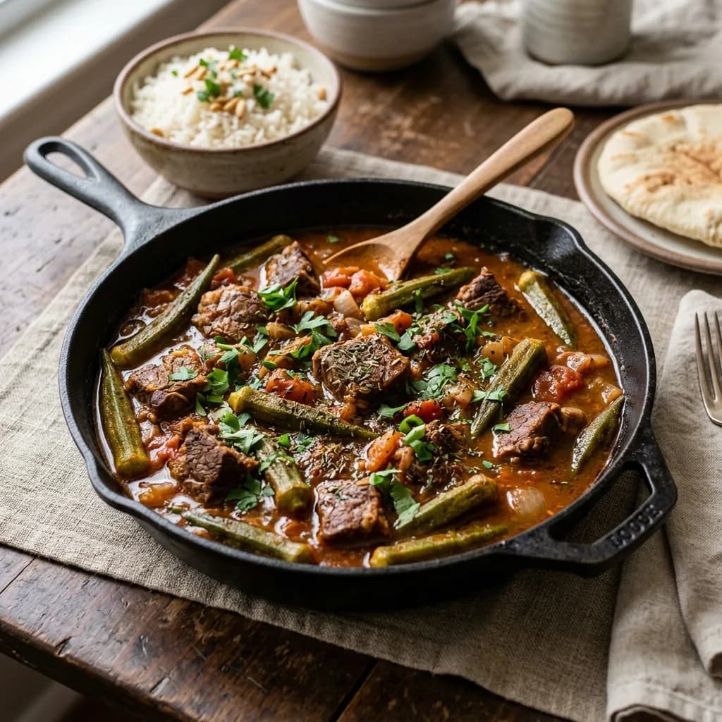Recipe cover: Palestinian Allspice Braised Beef And Okra Skillet