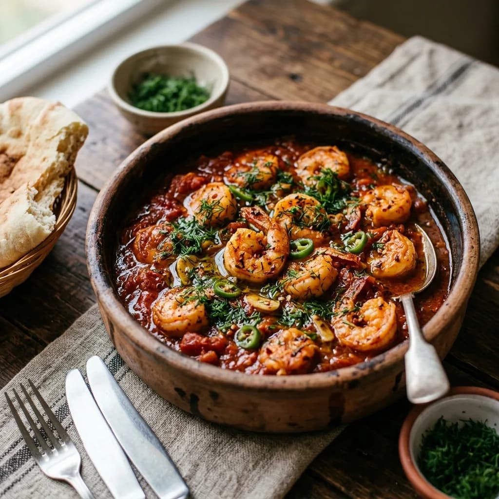 Recipe cover: Palestinian Gazan Spicy Tomato And Dill Shrimp Skillet