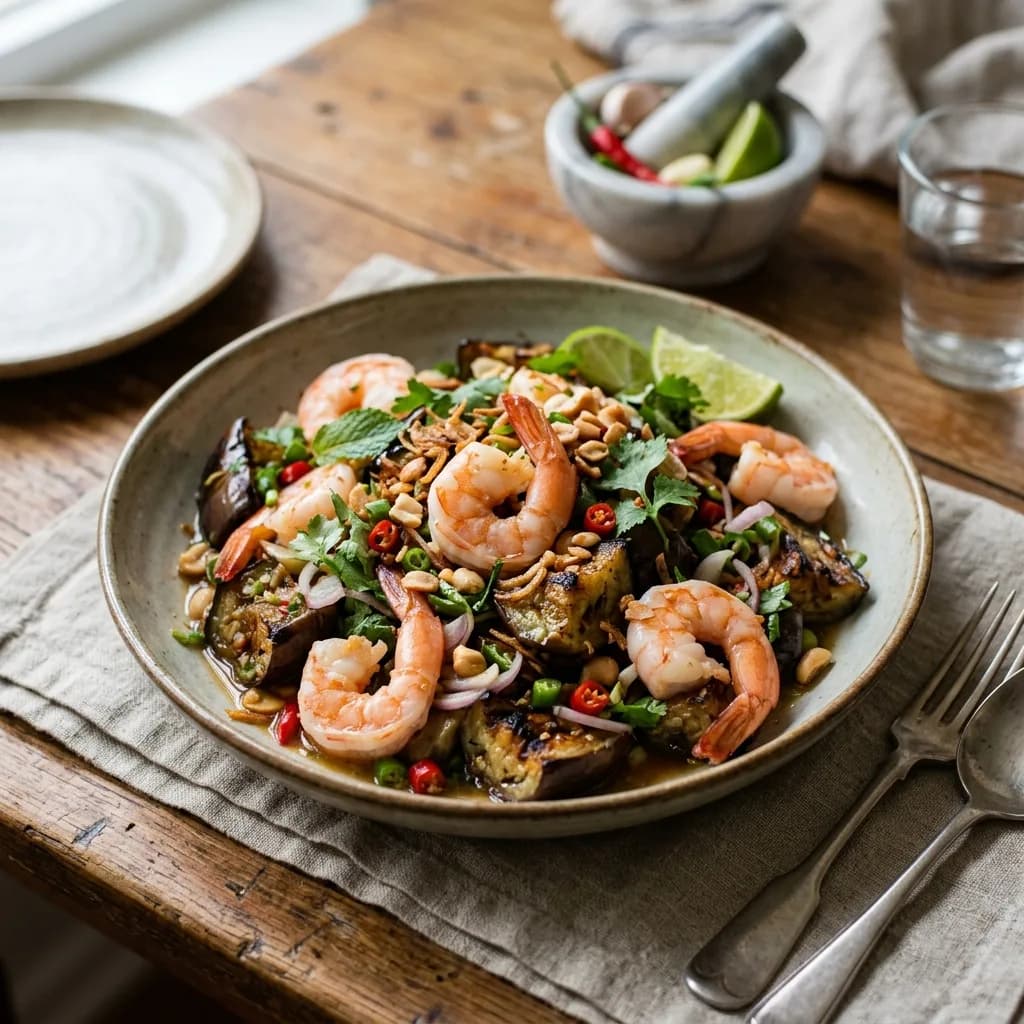 Recipe cover: Thai Smoky Eggplant Salad With Poached Shrimp