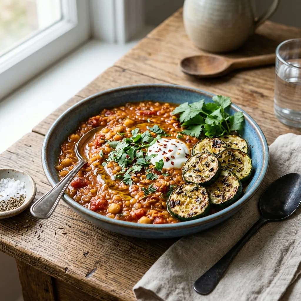Recipe cover: Moroccan Harissa Red Lentil Stew With Roasted Zucchini