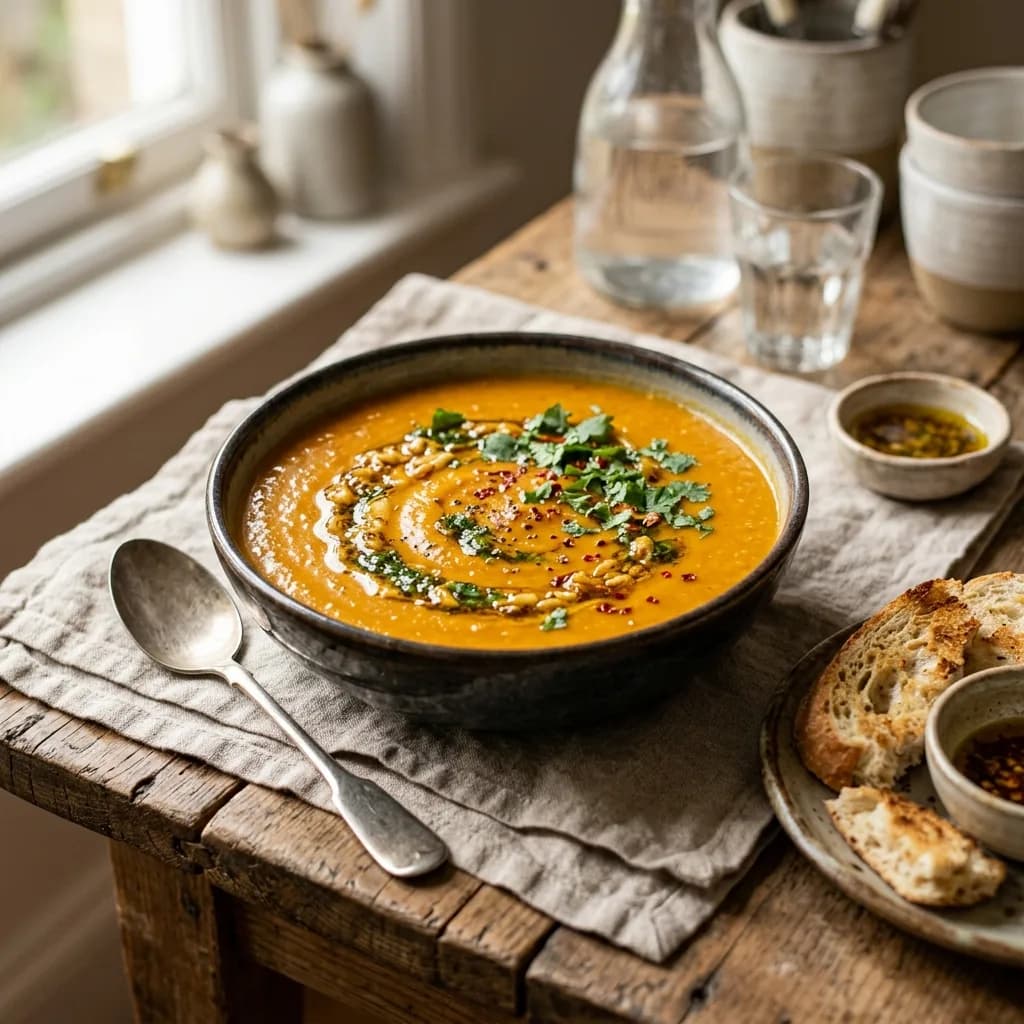 Recipe cover: Egyptian Red Lentil Soup With Garlic Coriander Tasha
