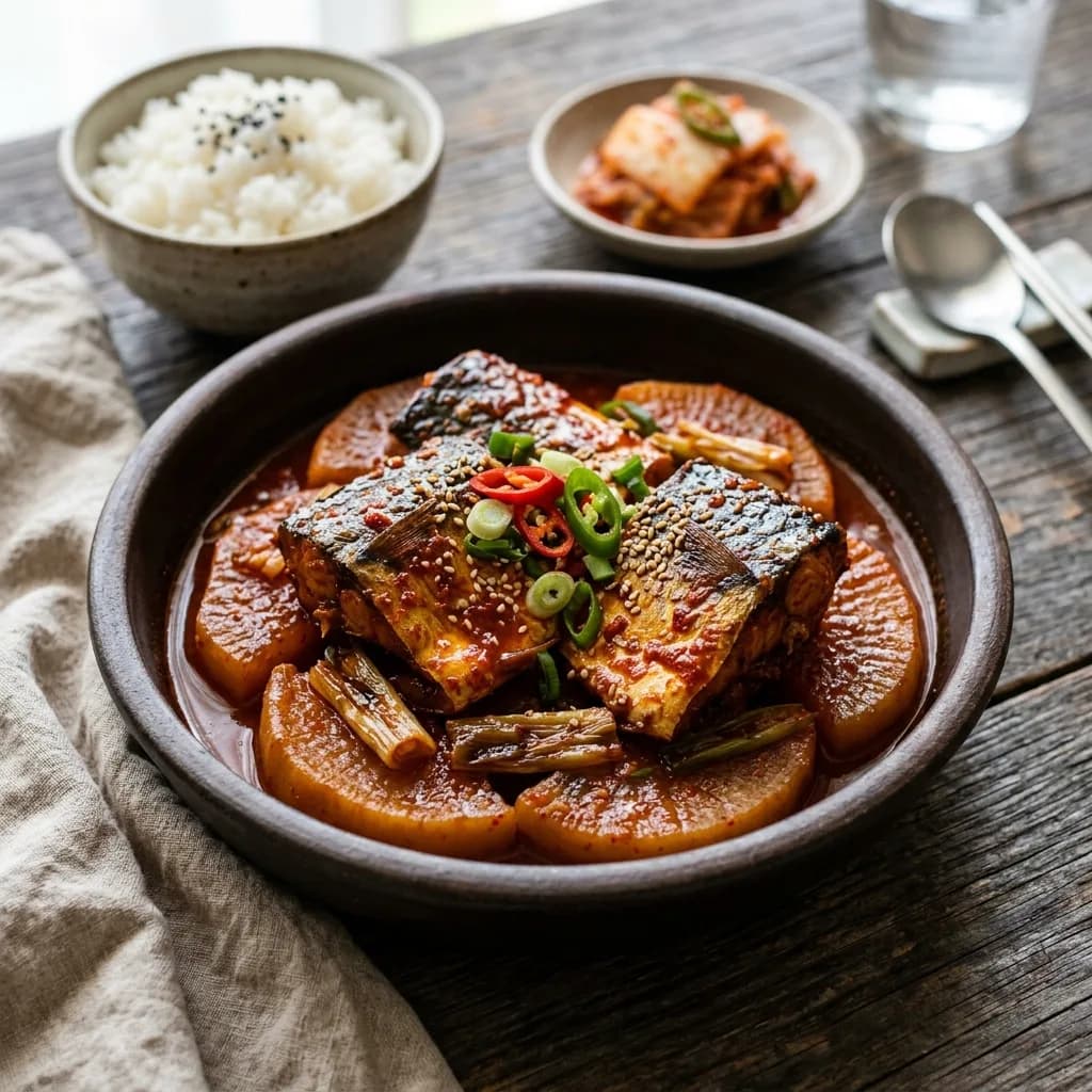 Recipe cover: Braised Spicy Mackerel With Daikon Radish