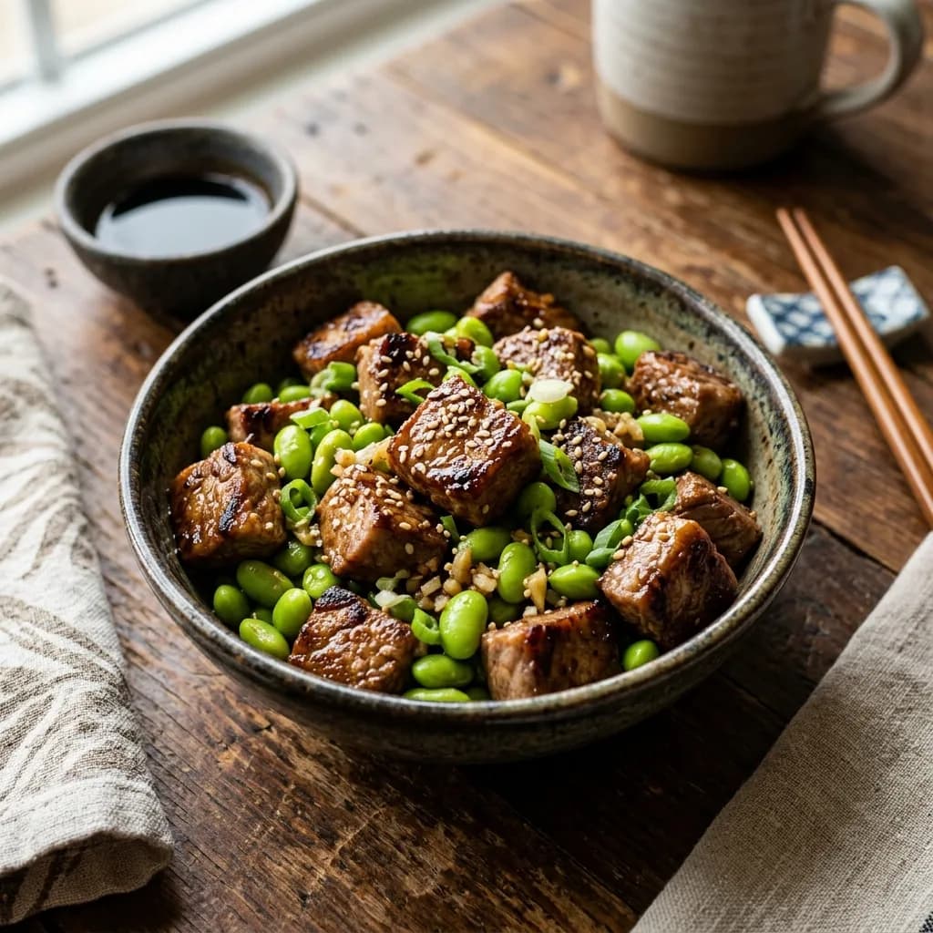 Recipe cover: Savory Wafu Garlic Butter Steak Bits With Edamame