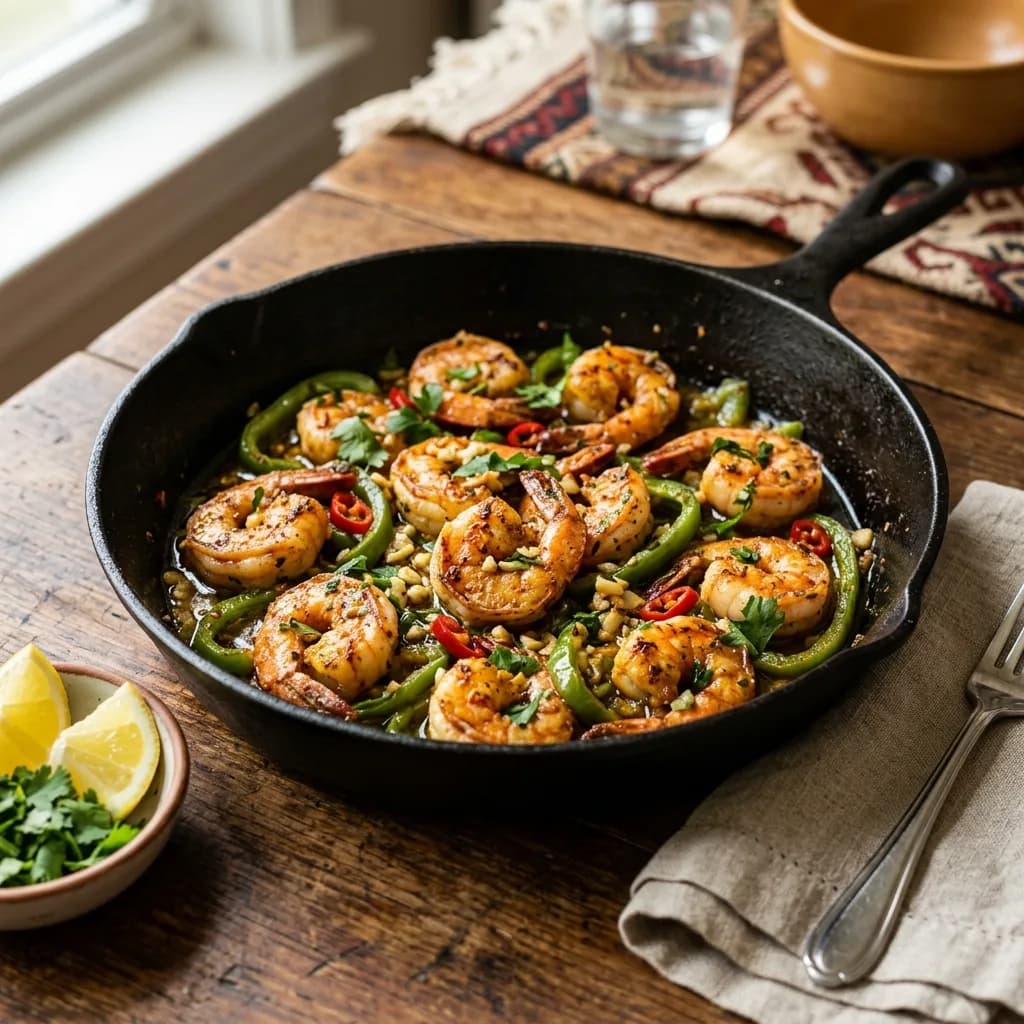 Recipe cover: Egyptian Alexandrian Spiced Shrimp Skillet With Sweet Peppers And Garlic