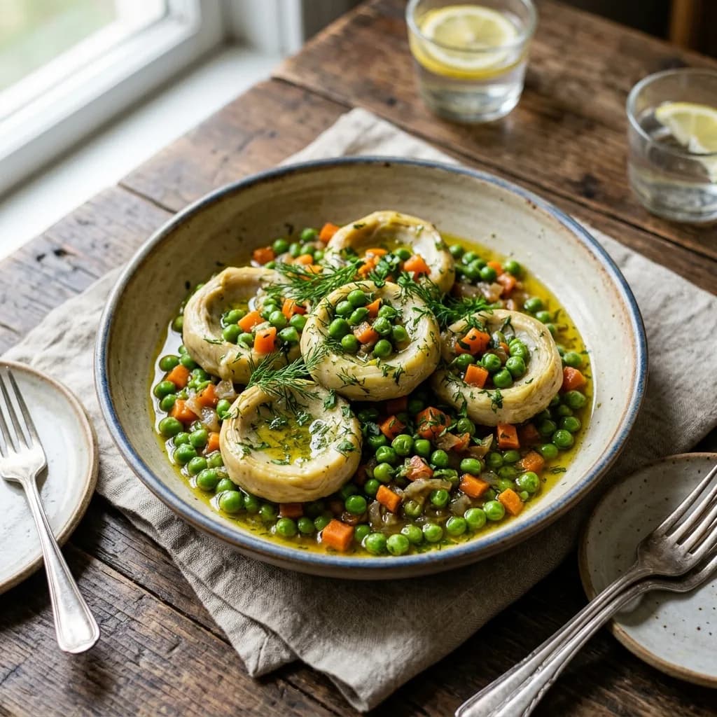 Recipe cover: Turkish Braised Artichokes With Peas And Lemon Dill Sauce