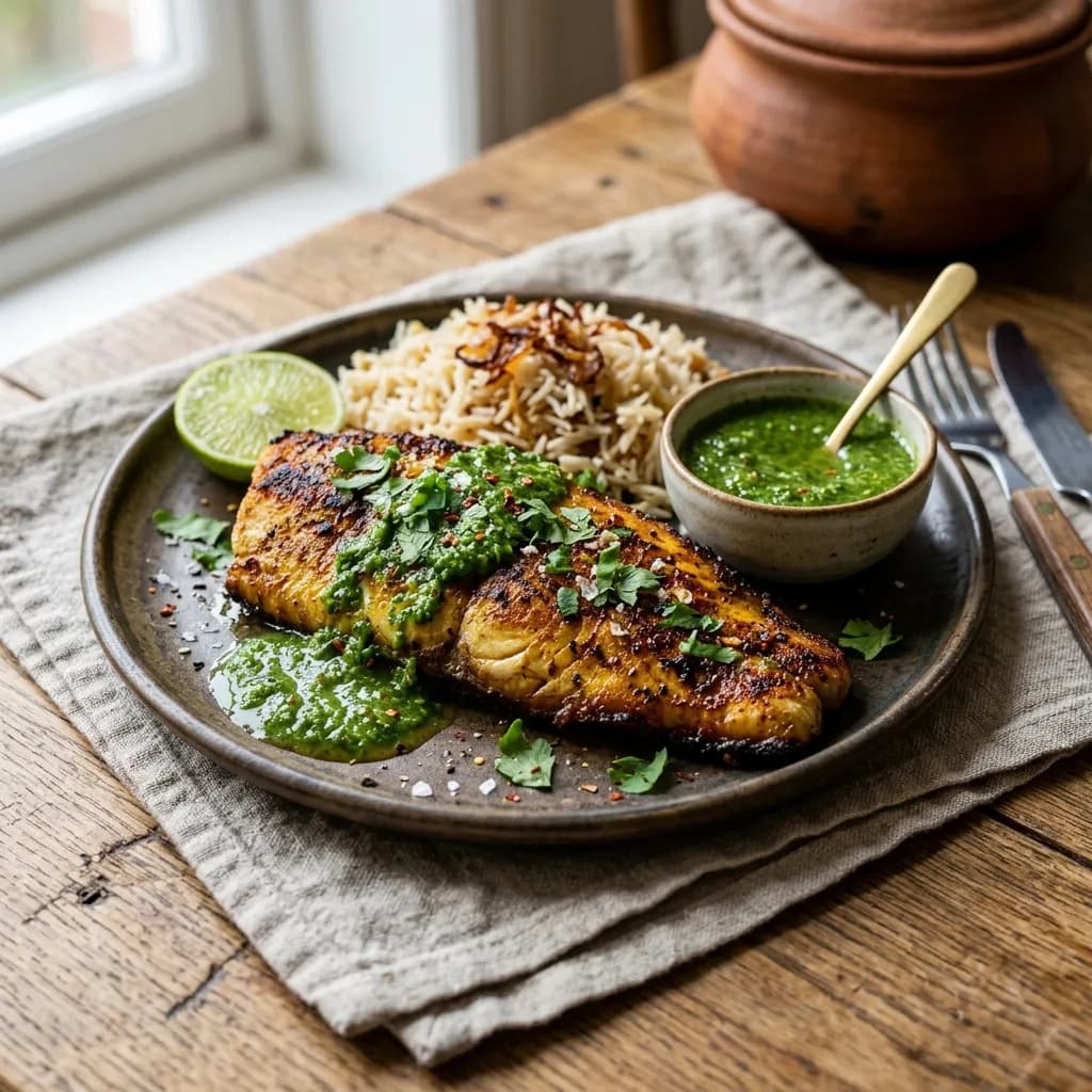 Recipe cover: Somali Pan Seared Kingfish Fillets With Green Bisbas