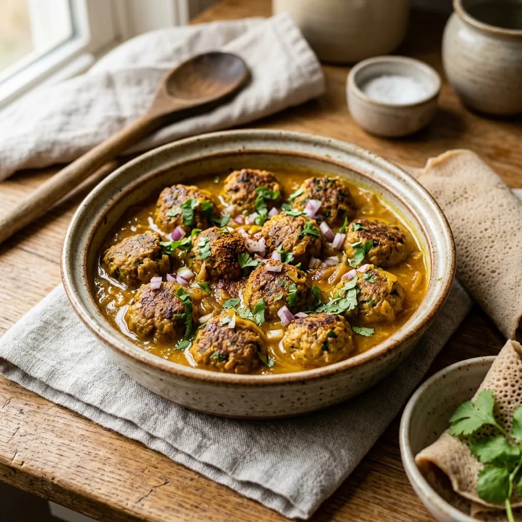 Recipe cover: Ethiopian Cardamom Braised Turkey Meatballs In Mild Onion Sauce