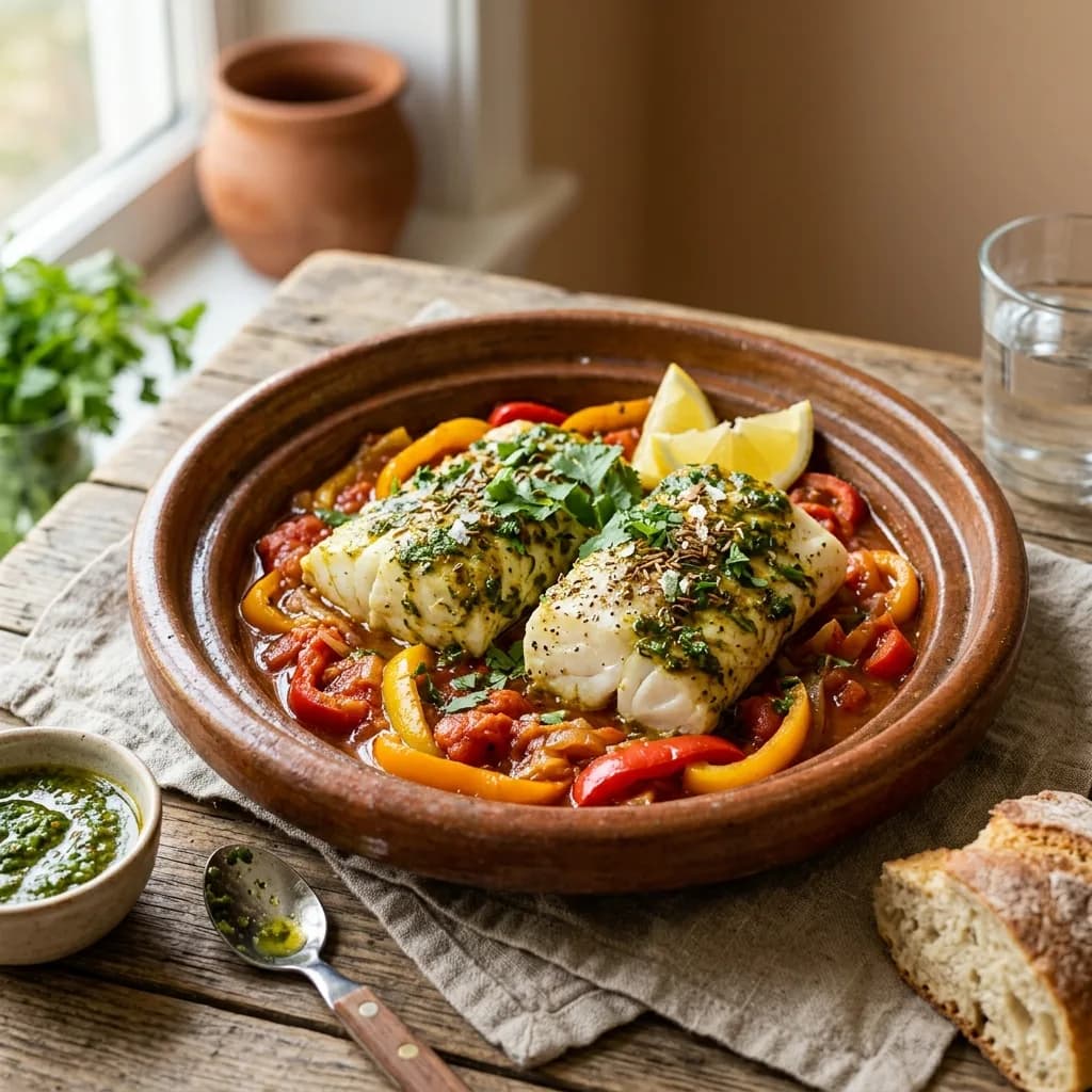 Recipe cover: Moroccan Charmoula Braised Cod With Sweet Peppers