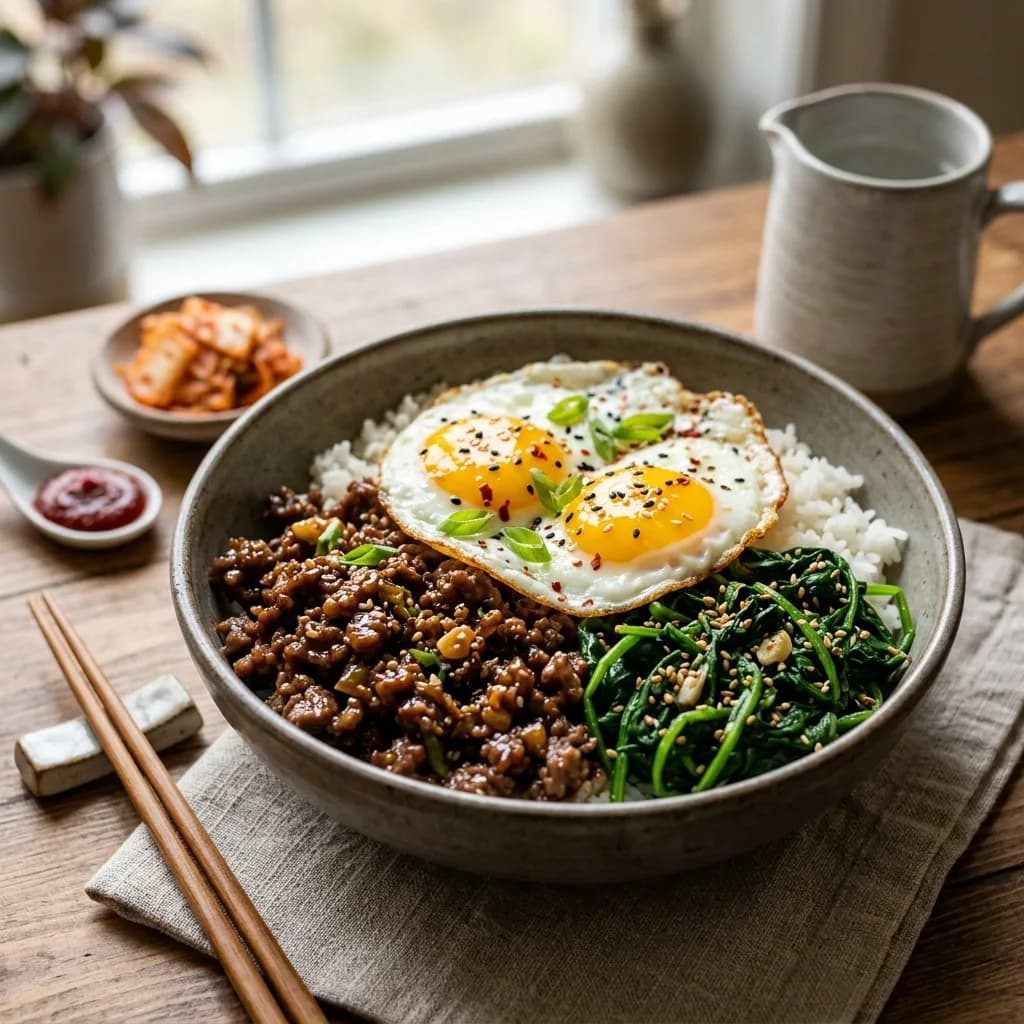Recipe cover: Korean Honey Garlic Beef And Spinach Rice Bowl
